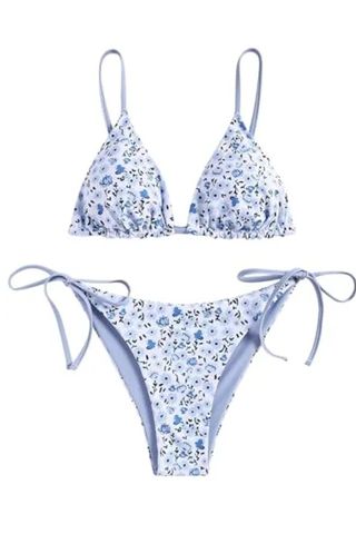 Zaful Women's Triangle Bikini Floral String Bikini Set Two Piece Swimsuit Bathing Suits (2-Blue Flower, S)