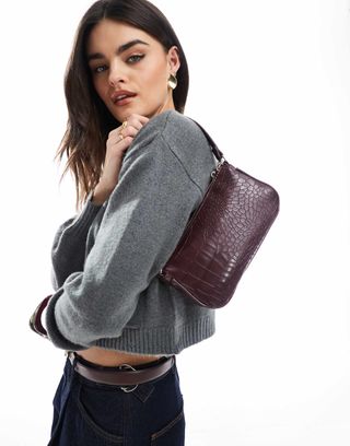 Bershka Croc Effect Shoulder Bag in Burgundy