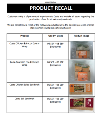 Costa Coffee sandwich and wrap recall notice