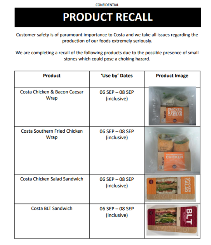 Costa Coffee urgent recall of these 4 sandwiches and wraps - have you ...