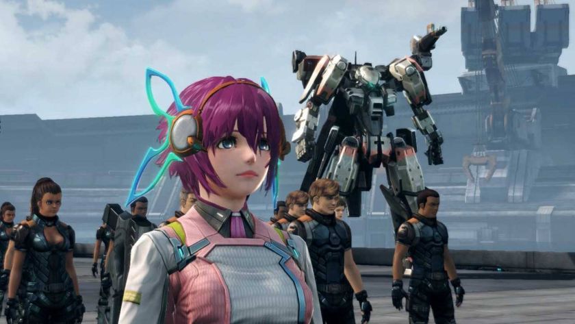 A screenshot of a pink-haired protagonist in Xenoblade Chronicles X: Definitive Edition, surrounded by other BLADE soldiers and a Skell.