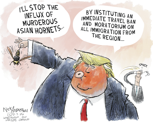 Political Cartoon U.S. Trump murder hornets immigration