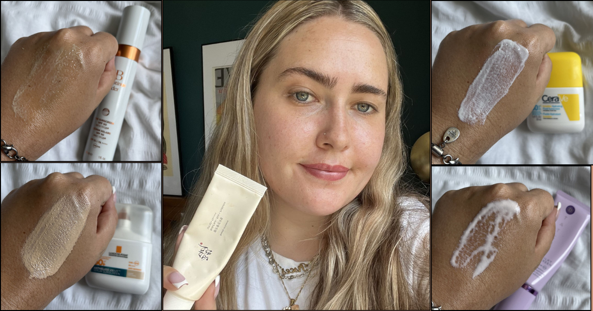 Amelia wearing lightweight spfs &amp; swatches of products in this guide