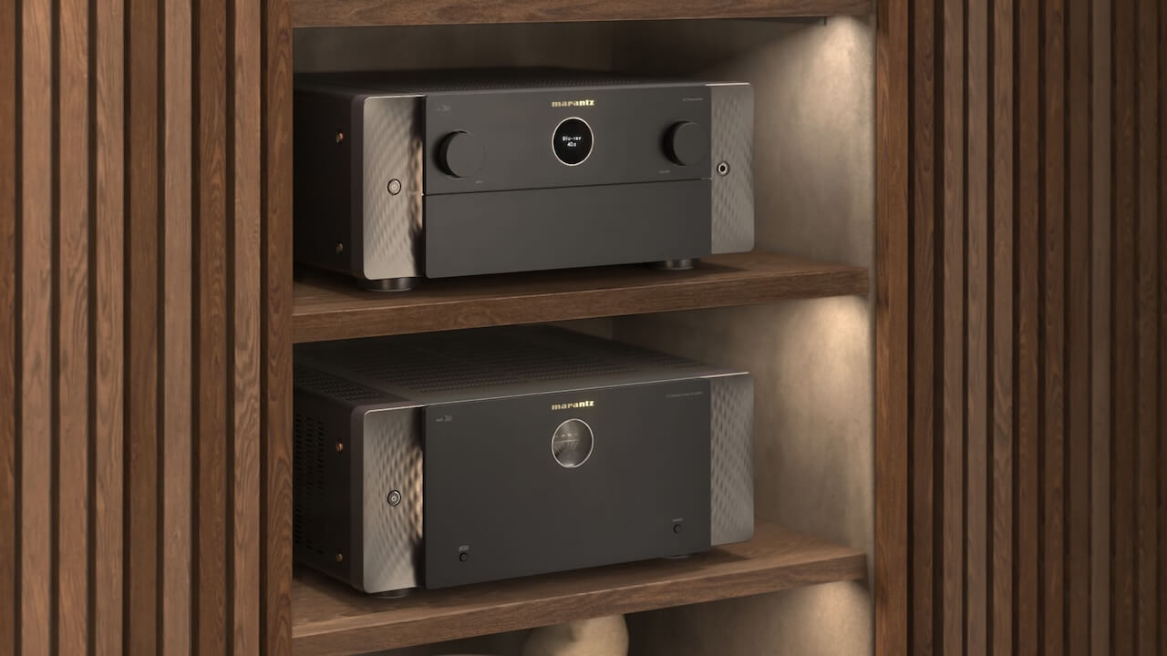 Marantz AV20 and AMP20 on wooden shelves
