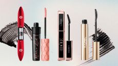 Collage of four of the best mascaras for straight lashes from (left to right) L'Oreal Paris, Benefit, Lancôme and ICONIC London, set in front of two black swatches on a pink and blue ombre style background