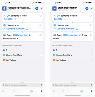 Screenshot of the Rehearsal Mode and Show Mode actions for Keynote in Shortcuts.