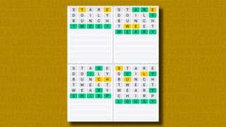 Quordle Daily Sequence answers for game 1016 on a yellow background