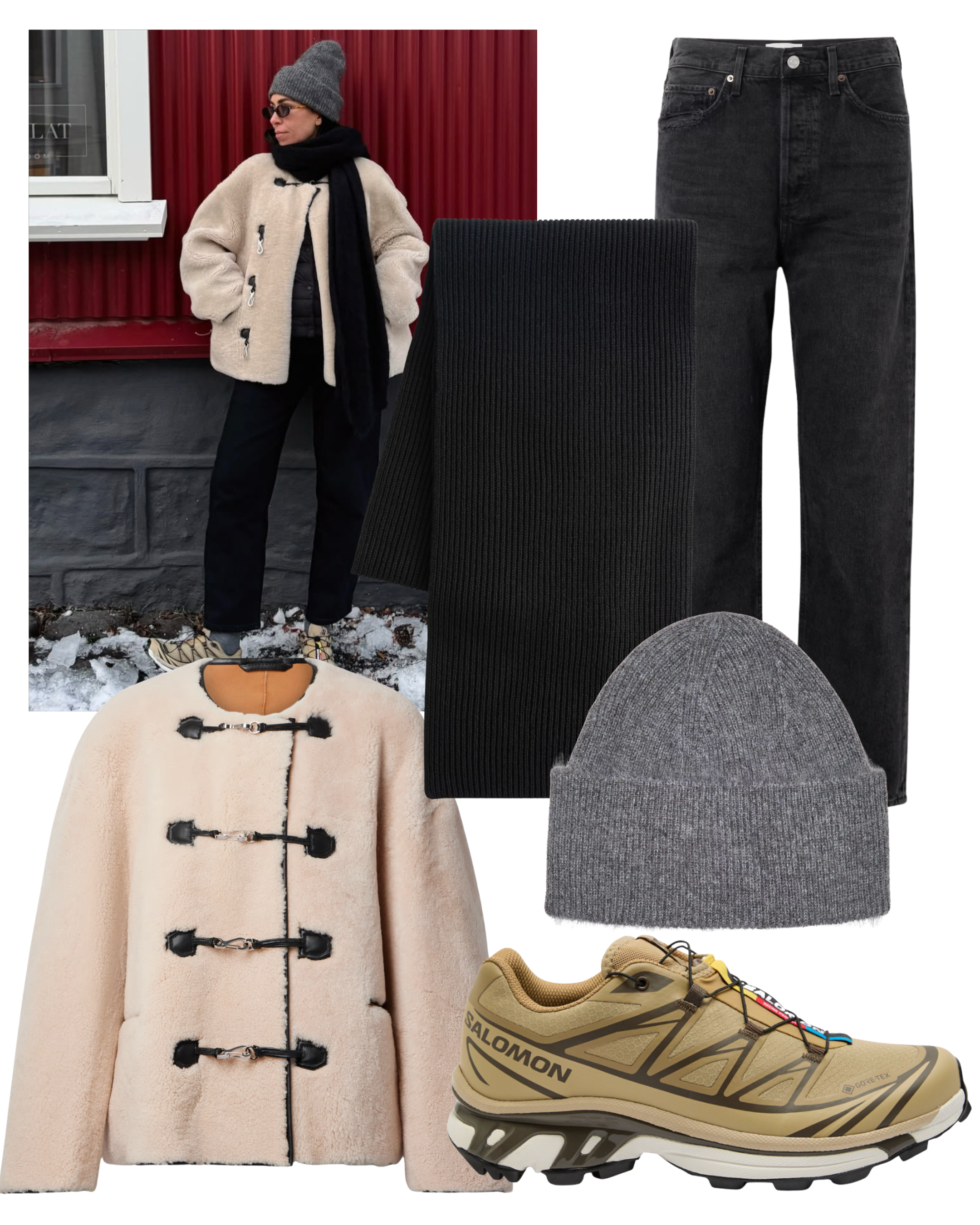 @_jessicaskye wears toteme shearling jacket, black jeans, trainers