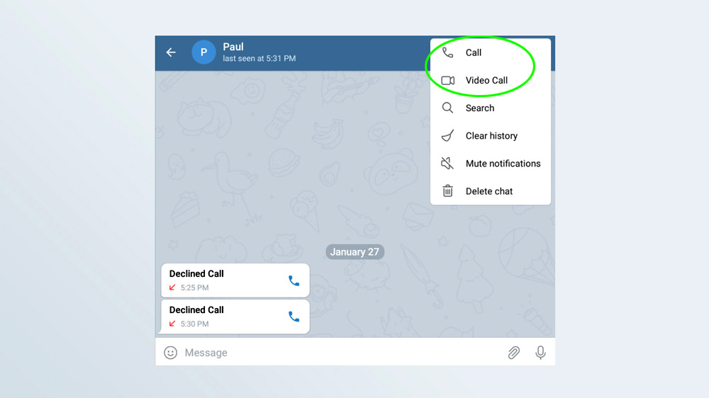 Снимок экрана Telegram, на котором можно начать голосовой или видеозвонок.
