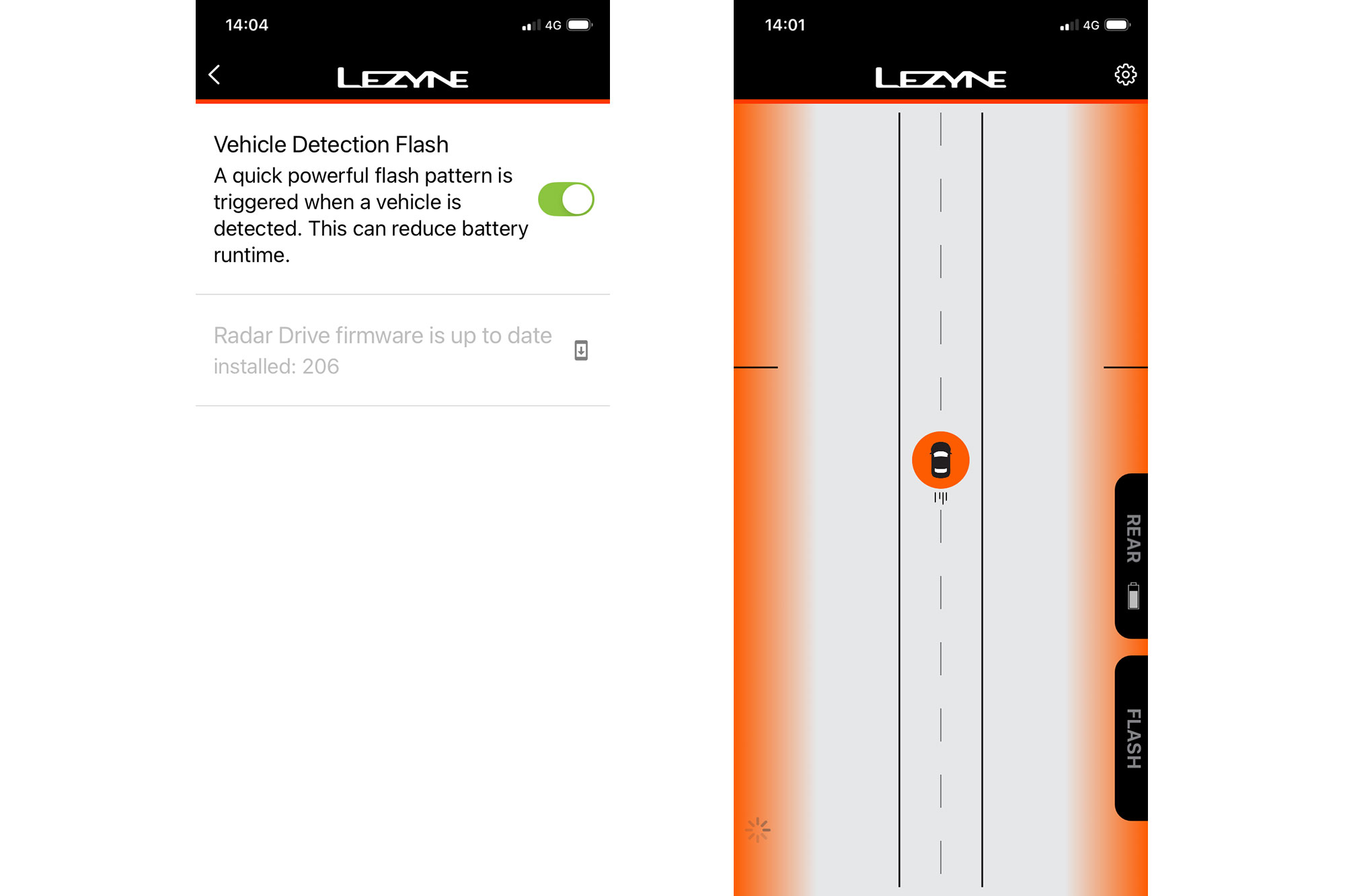 Lezyne Ally app pages, showing Vehicle Detection Flash setting and radar screen