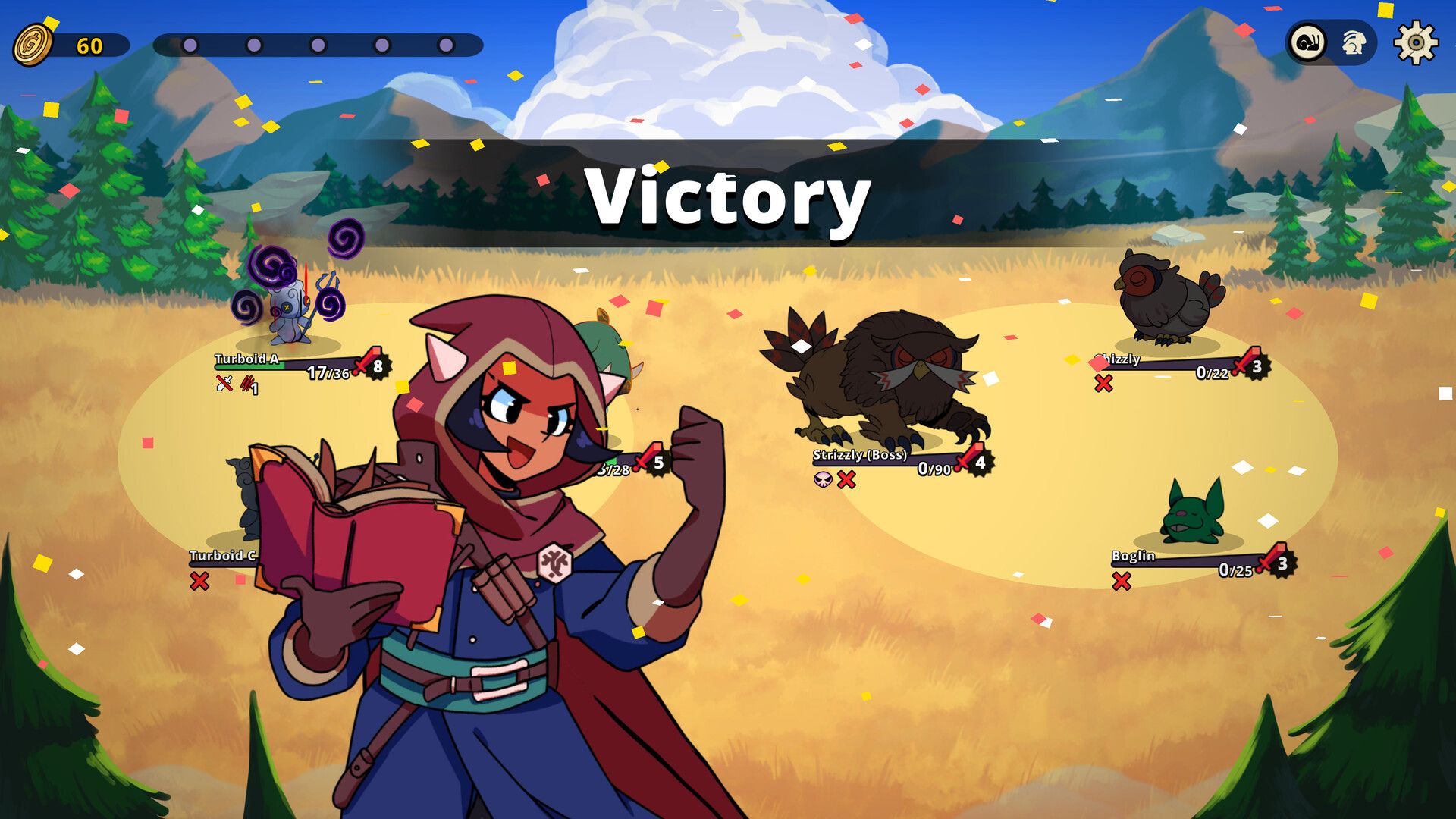 Dicefolk battle victory screen with chimera tamer at the front