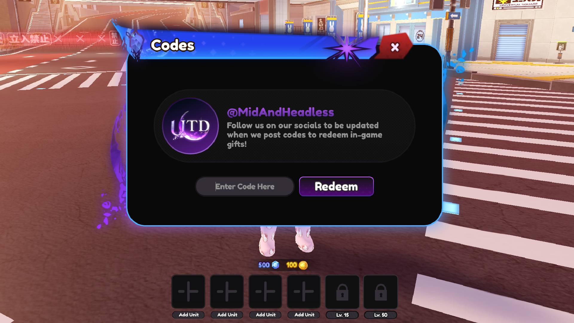 Universal Tower Defense codes redemption screen