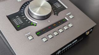 Close up of buttons on the Universal Audio Apollo Twin X front panel