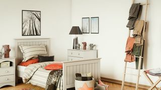 A bedroom with a small bed and leaning ladder of shelves