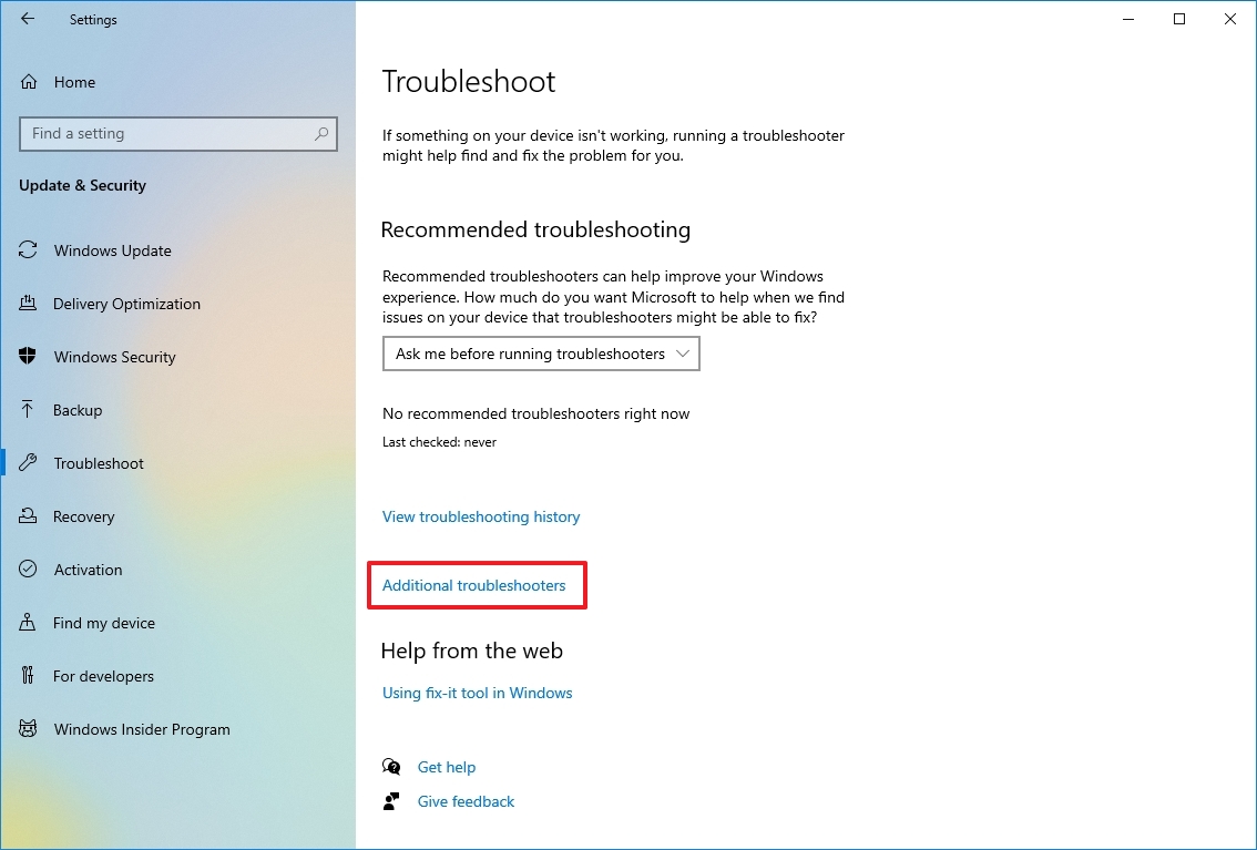 Additional Troubleshooters option