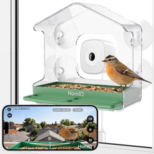 Homiq Life Smart Bird Feeder With Window Camera, 2k Hd Camera for Window Viewing, Ai Birdspecies Recognition &amp;amp; Instant Alerts, Sturdy Acrylic Outdoor, Alexa Compatible, Gift for Bird Lovers