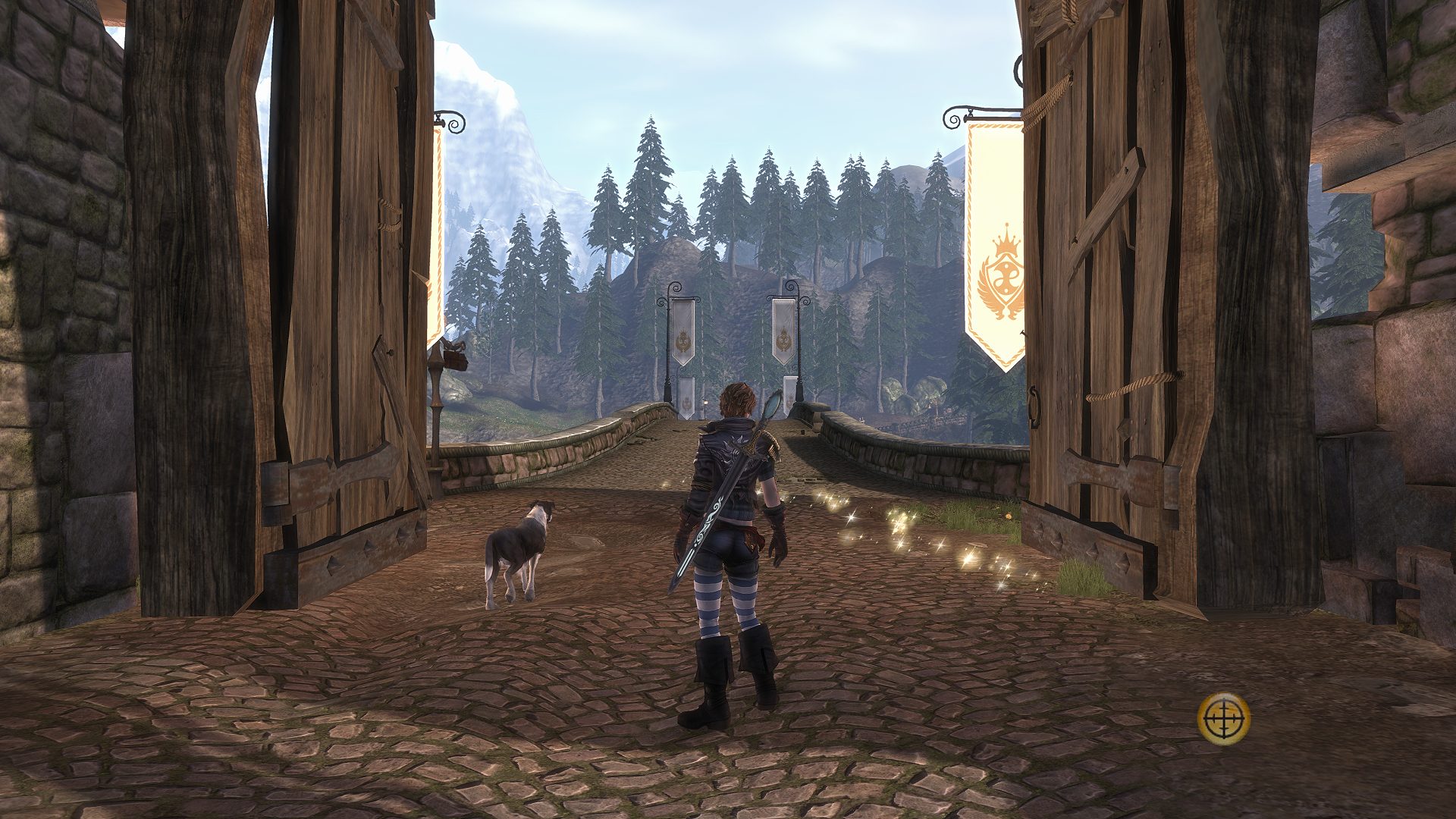 Fable 3 screenshot of hero looking out of village gate.