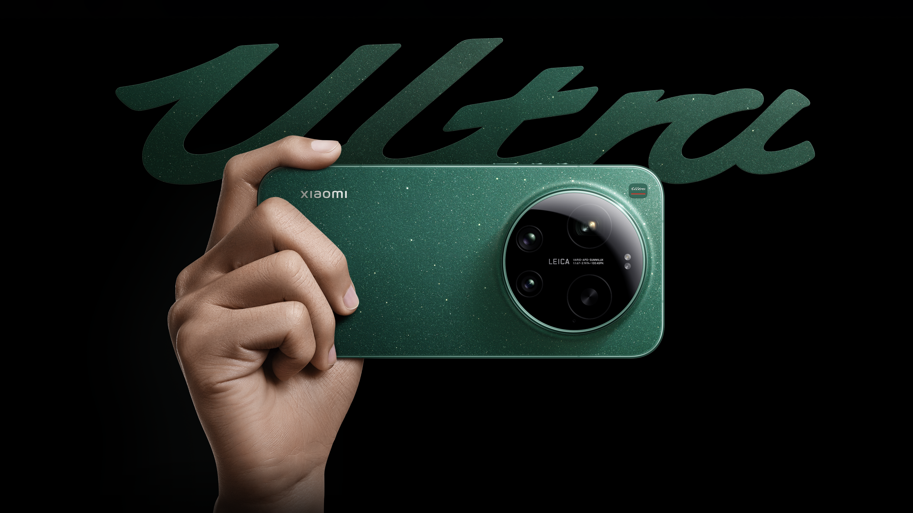 Xiaomi 17 Ultra phone held in a hand on black background