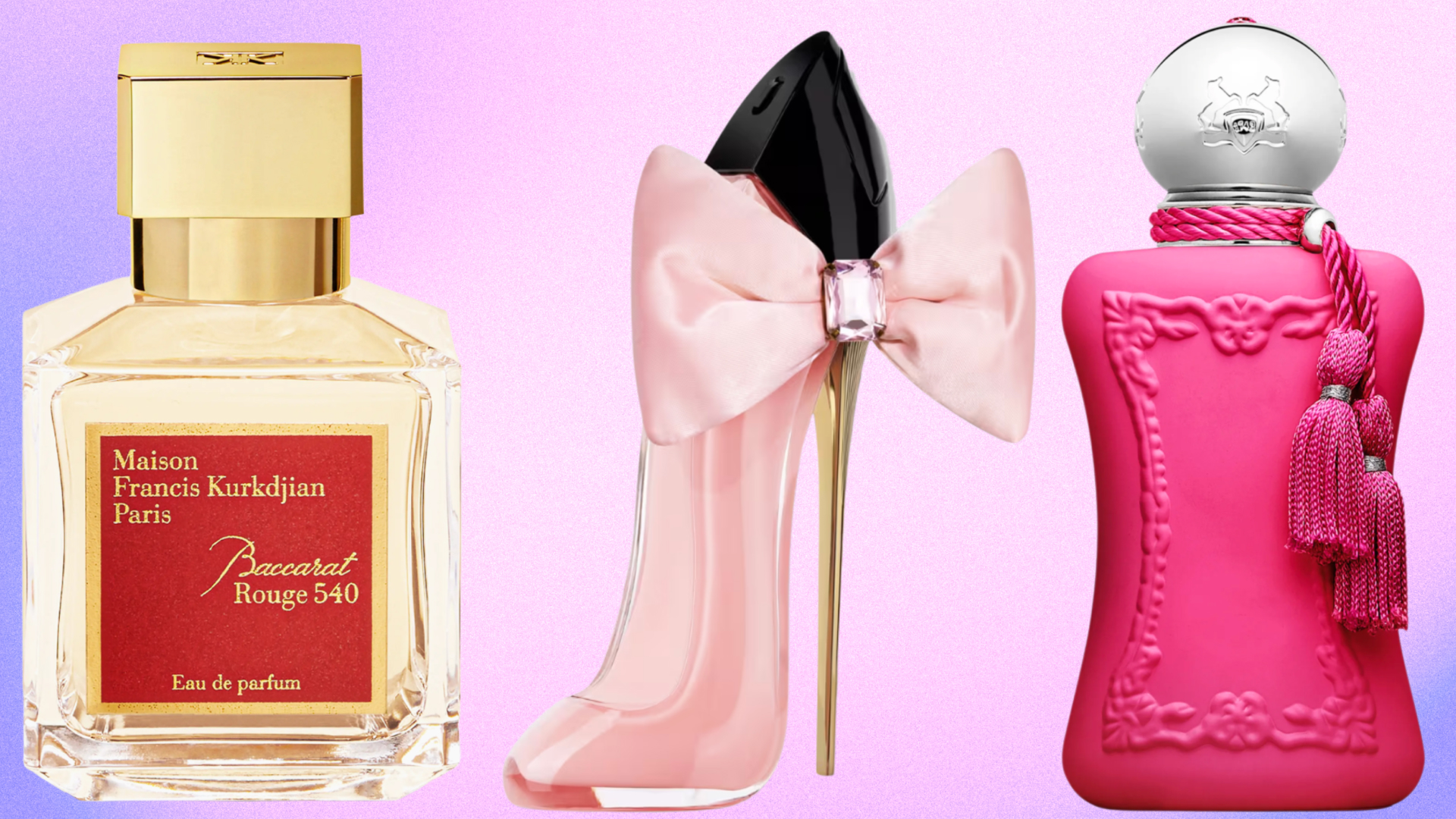 Three perfume bottles in front of a pink and blue background