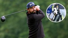 J.J. Spaun hits a driver off the tee, with a close up of his golf bag