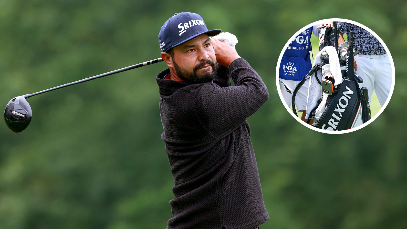 J.J. Spaun hits a driver off the tee, with a close up of his golf bag