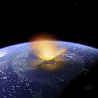 Artist’s impression of a 6-mile-wide asteroid— the size of the dinosaur-killing object — striking the Earth.