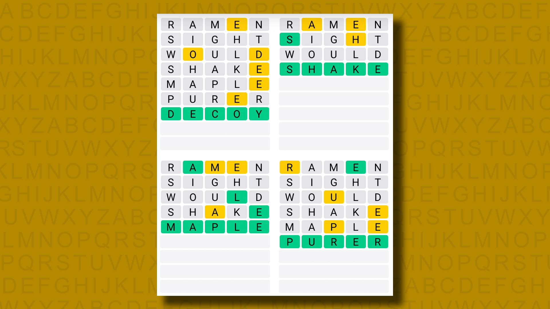 Quordle answers for game 1212 on a yellow background