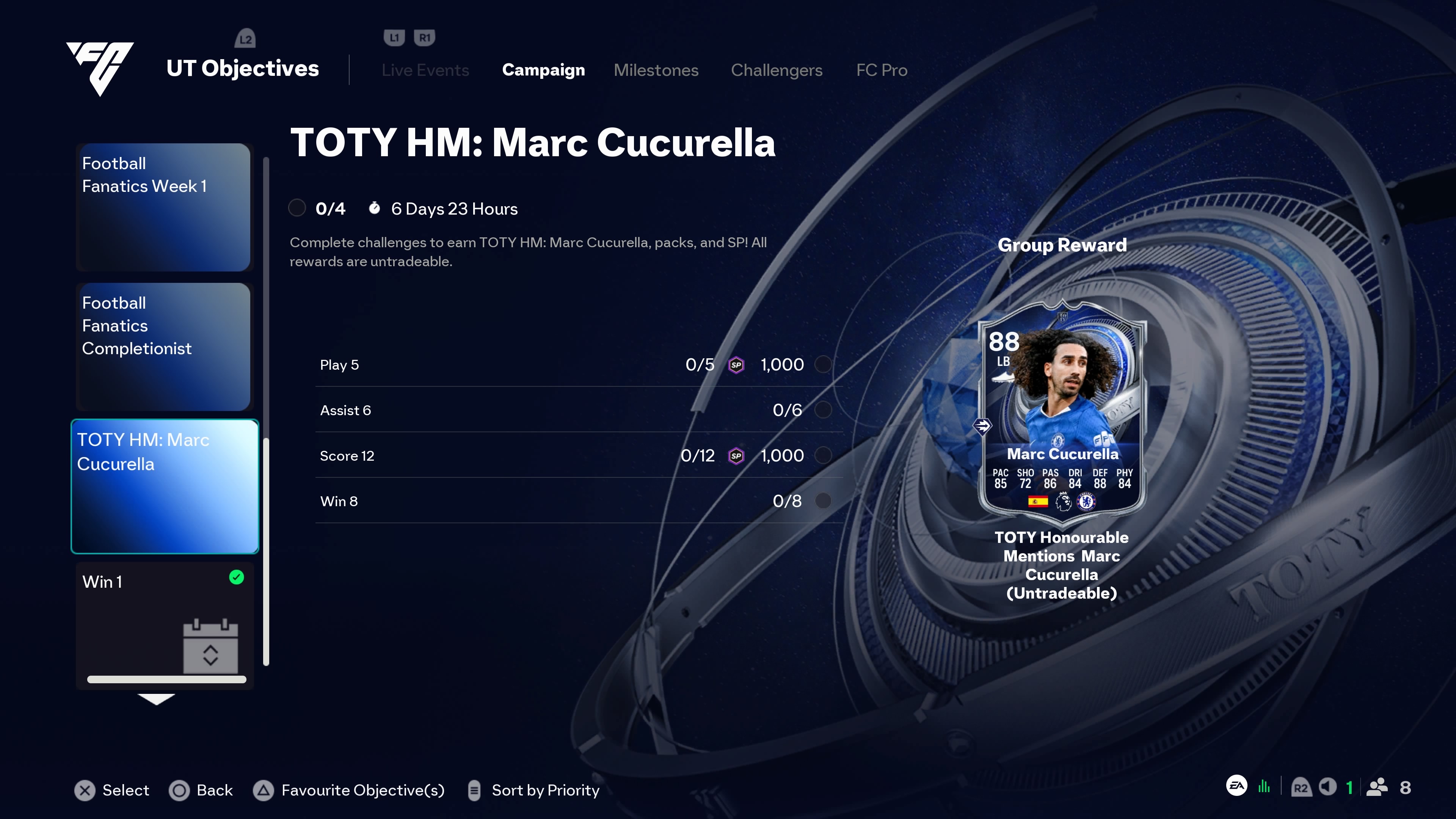 The full set of FC 26 TOTY Cucurella objectives