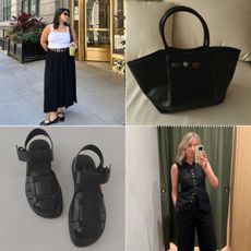 Collage of woman in skirt on street, black handbag, black sandals, and woman in waistcoat