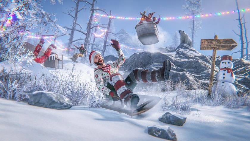 Guy riding a sled in Rust Christmas event