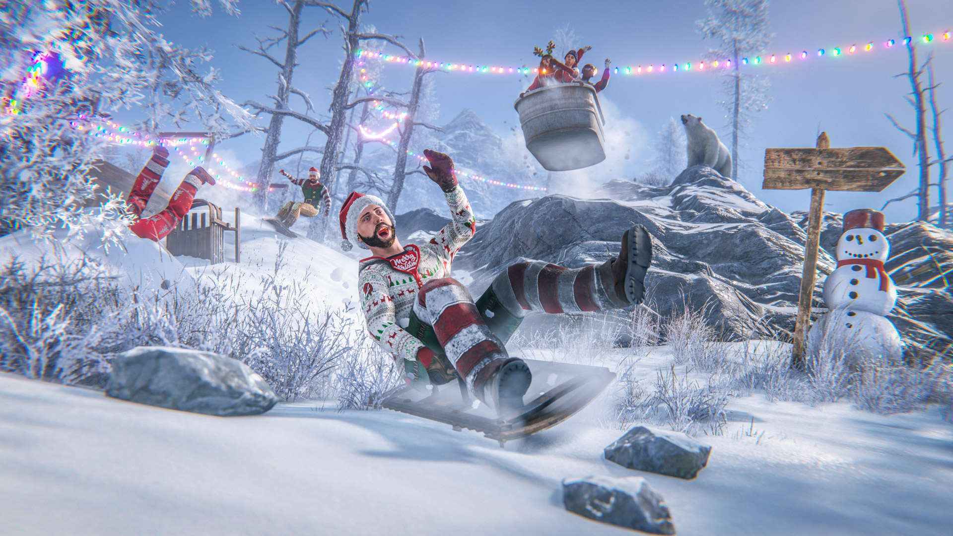 Guy riding a sled in Rust Christmas event