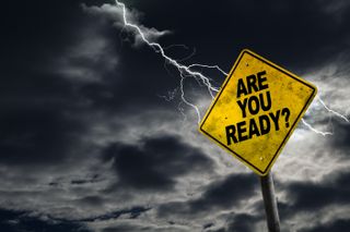 A sign in a storm, "are you ready?"