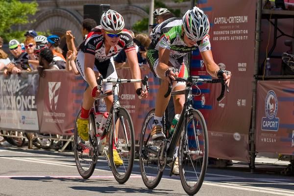 Bobby Lea (Bahati Foundation) and Jackie Simes (Jamis-Sutter Home) escape the break with only a few laps remaining.