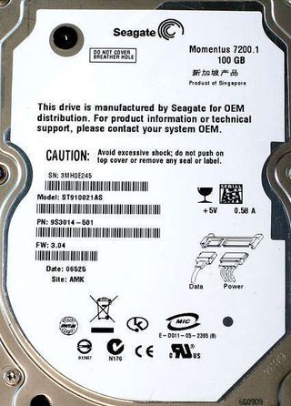 This is one of the two 7200 RPM Seagate Momentus 100 GB hard disk drives in our Aurora m9700.