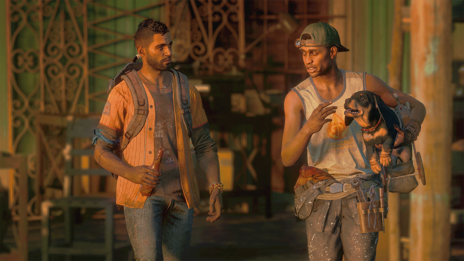 Far Cry 6 characters walking with one holding a dog 