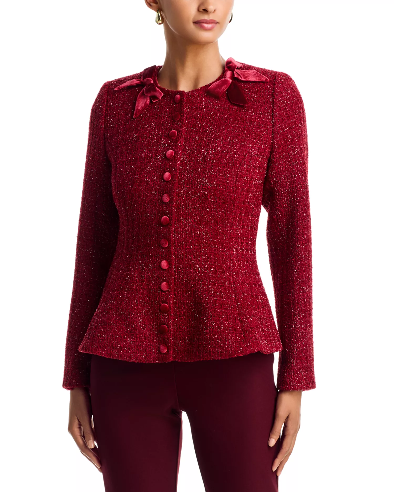 AQUA x Nicky Hilton, Tweed Peplum Hem Velvet Bow Jacket