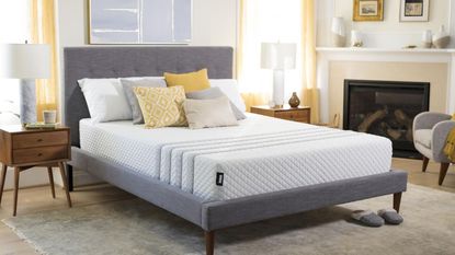 One of the mattresses in the mattress sales, the Leesa Sapira Hybrid, on a bed on a carpet.