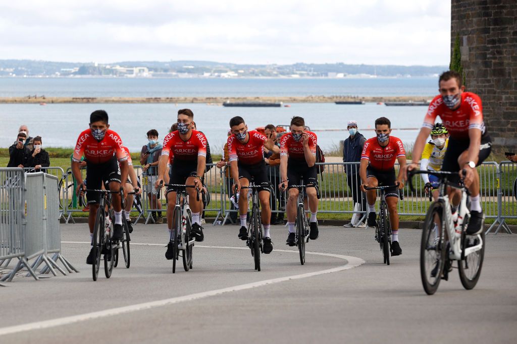 BREST FRANCE JUNE 24 Warren Barguil of France Nacer Bouhanni of France Nairo Quintana of Colombia lie Gesbert of France Connor Swift of The United Kingdom Anthony Delaplace of France Daniel Mclay of The United Kingdom Clment Russo of France and Team Arka Samsic during the 108th Tour de France 2021 Team Presentation Public Fans Landscape Covid safety measures LeTour TDF2021 on June 24 2021 in Brest France Photo by Chris GraythenGetty Images