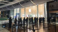 Apple Store before opening at Stratford, London on iPhone Duo day with a small, moving queue
