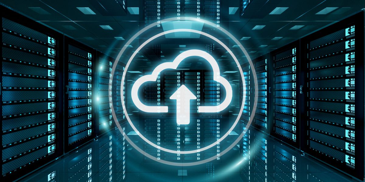 Cloud and arrow icon superimposed over a corridor of servers