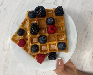 Waffles with fresh fruit made by Christina Chrysostomou in Reading test kitchen, United Kingdom