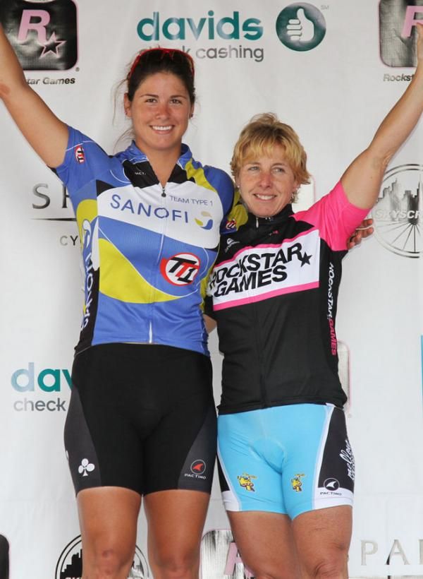 The podium: Mandy Marquardt (Team Type 1-Sanofi) is second, Laura Van Gilder (Mellow Mushroom) places first. Not shown is third place finisher, Kimberly Edwards (unsigned) Congratulations to all.