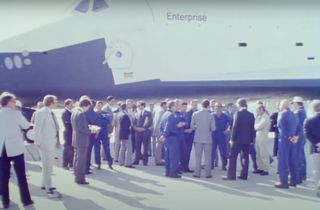 King Charles III, then a 28-year-old prince, met the four-person crew of NASA's space shuttle Enterprise on Oct. 26, 1977, shortly after the test vehicle completed its fifth and final "free flight" in Earth's atmosphere.