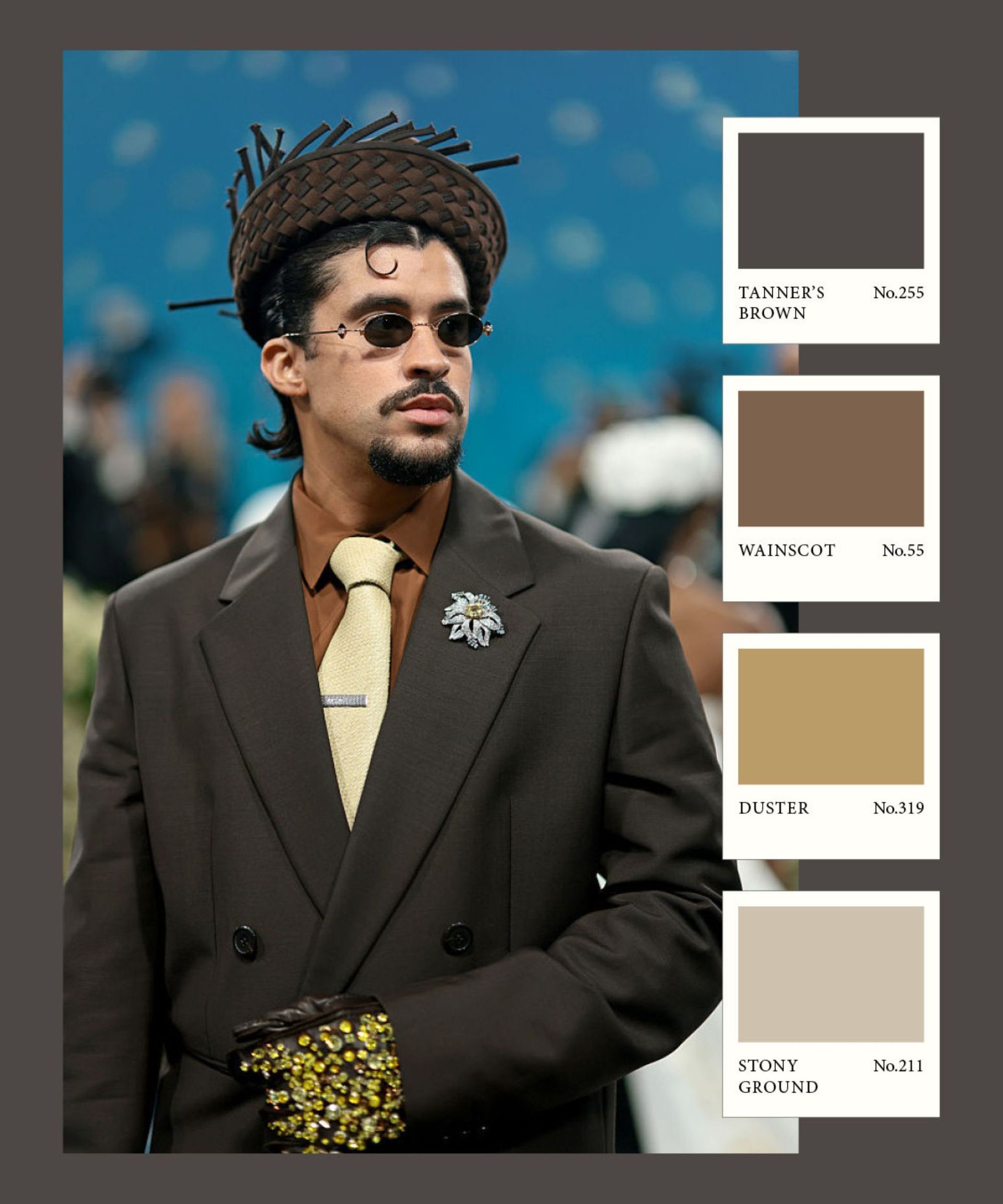 Bad Bunny in a brown suit with paint swatches from Farrow & Ball displaying paint colors in the same palette as his outfit.