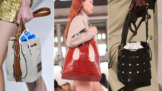 Three models carrying bucket bags down the runway illustrating handbag trends 2024