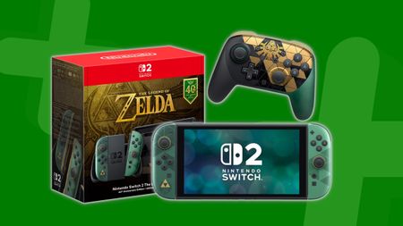 The Legend of Zelda Nintendo Switch 2 handheld and Pro Controller on a green background