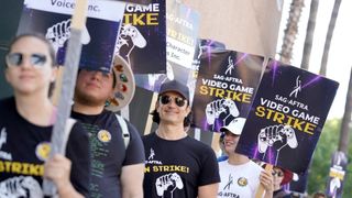 BURBANK, CALIFORNIA - AUGUST 15: Protestors attend the SAG-AFTRA Video Game Strike Picket on August 15, 2024 in Burbank, California. (Photo by Lila Seeley/Getty Images)