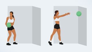 an illo of a woman throwing a medicine ball at the wall