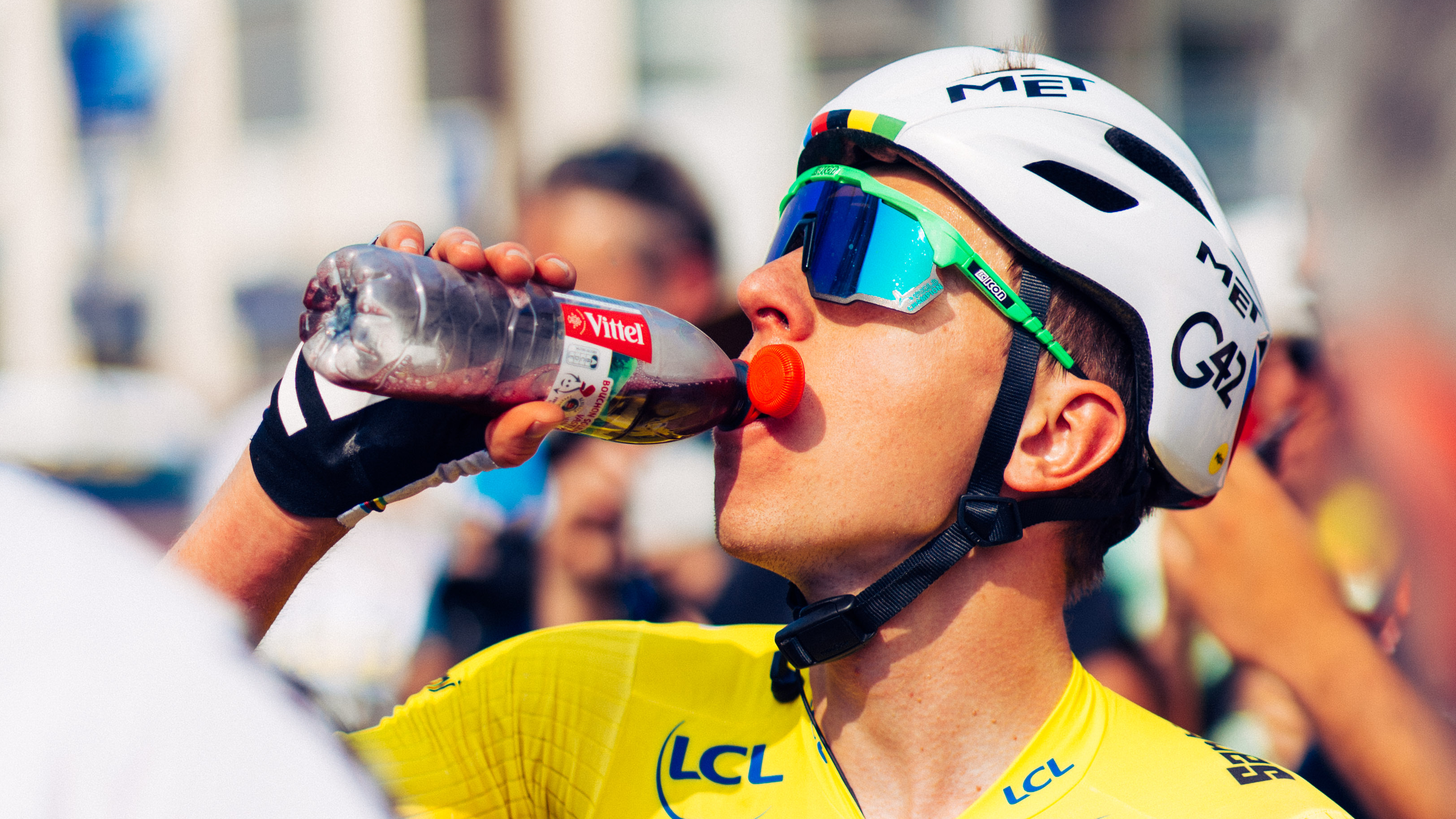 Tadej Poga&amp;#269;ar drinks a bottle of cherry juice at the Crit&amp;eacute;rium du Dauphin&amp;eacute;