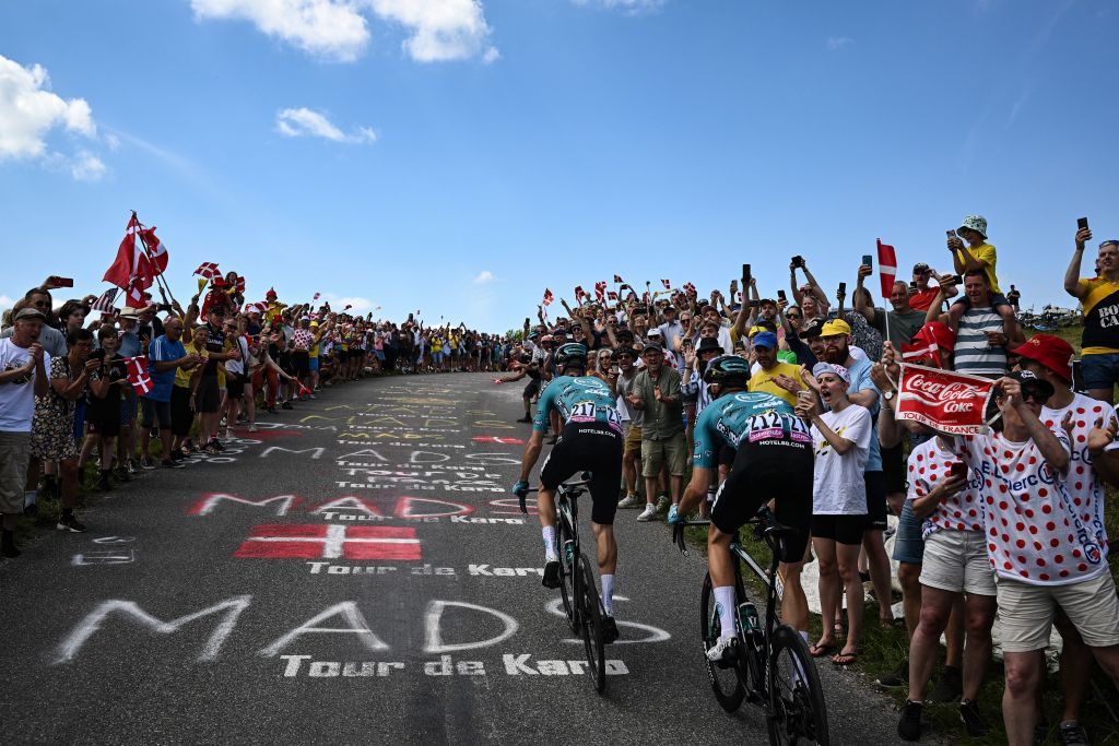 BB HotelsKTM teams French rider Pierre Rolland L and BB HotelsKTM teams French rider Cyril Barthe R cycle in a breakaway during the 2nd stage of the 109th edition of the Tour de France cycling race 2022 km between Roskilde and Nyborg in Denmark on July 2 2022 Photo by Marco BERTORELLO AFP Photo by MARCO BERTORELLOAFP via Getty Images